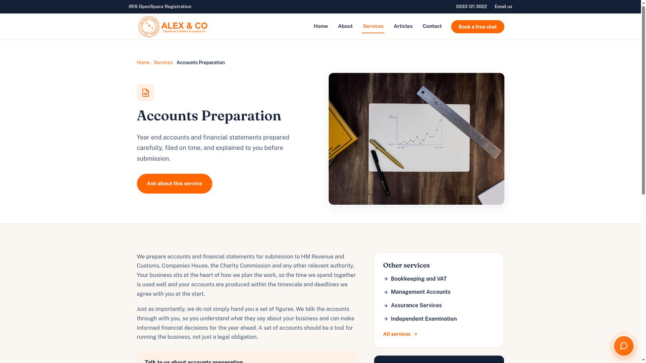 Page détaillée du service de préparation des comptes avec services associés