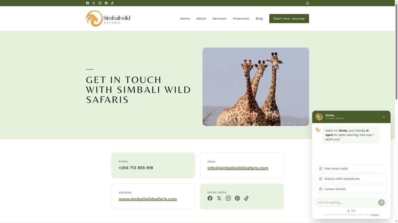 Simba, le planificateur de safari IA, ouvert sur la page contact