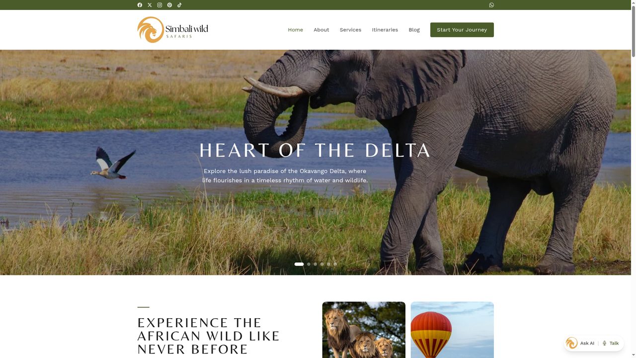 Simbali Wild Safaris homepage hero with an elephant in the Okavango Delta